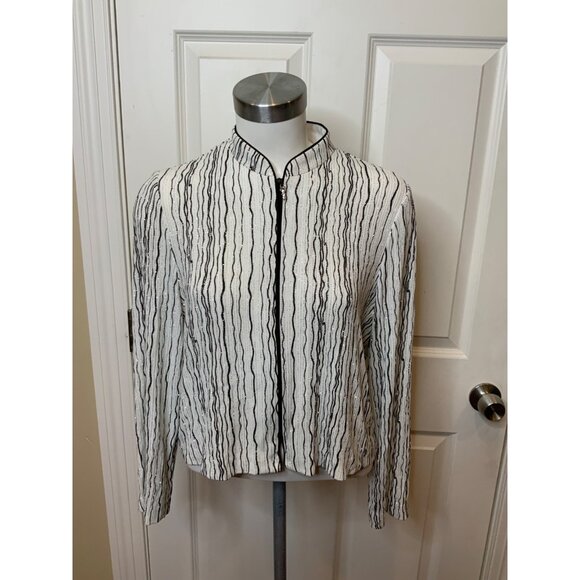 Alex Evenings White W/ Black Wavy & Silver Glitter Striped Jacket, Size 14 - Picture 1 of 5